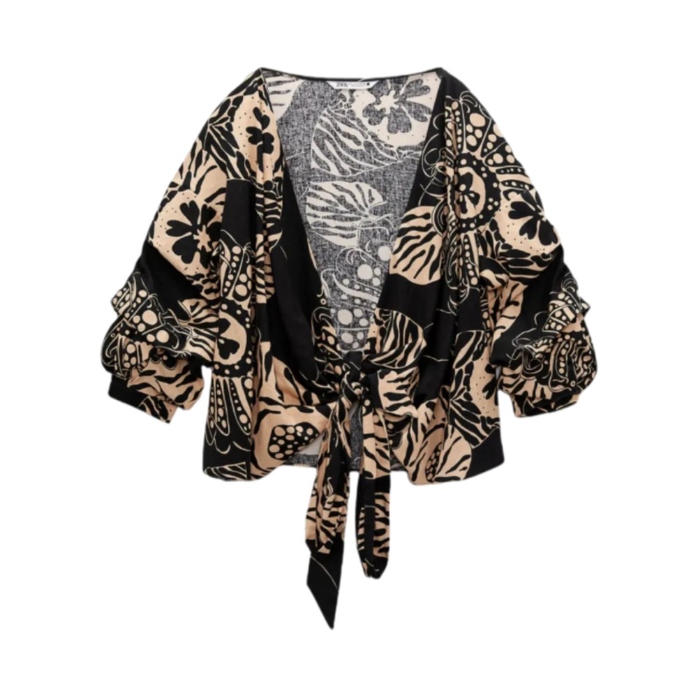 Zara Brown Tan Floral Print Linen Blend Wrap Blouse